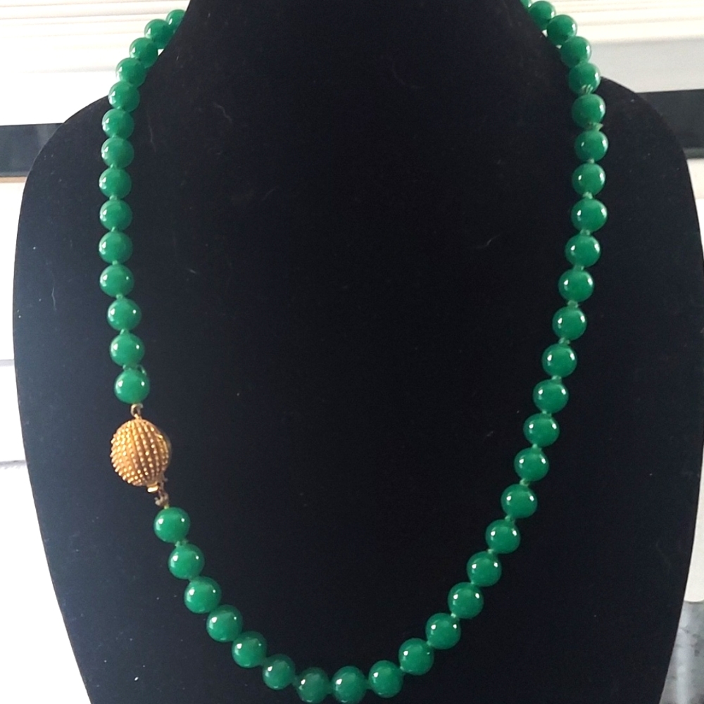 Vintage Green Jade Glass Beads Knotted Necklace 20"
